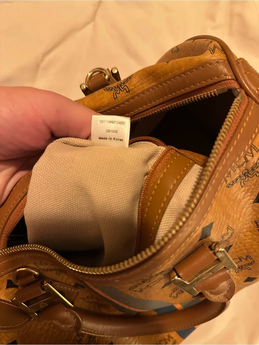MCM Cognac Visetos Satchel with Navy and Orange Center Stripes